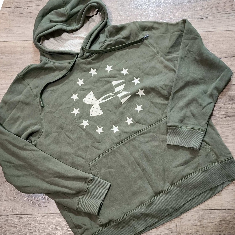 Under Armour Mens ColdGear Loose Fit Hoodie Olive Green Patriotic Stars Logo L